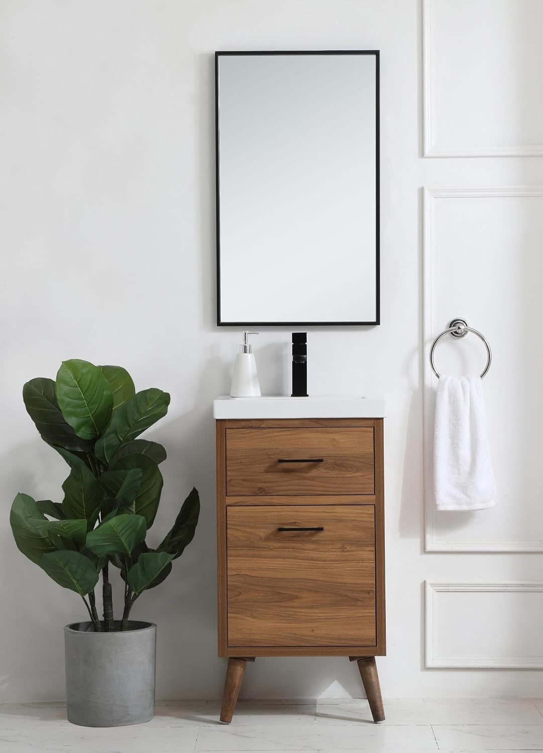18' Pre-Assembled Bathroom Vanity with Sink, Engineered Wood, White Resin Countertop Attached, Single Rectangle Porcelain Sink, 1 Soft-Close Drawers, Walnut Brown