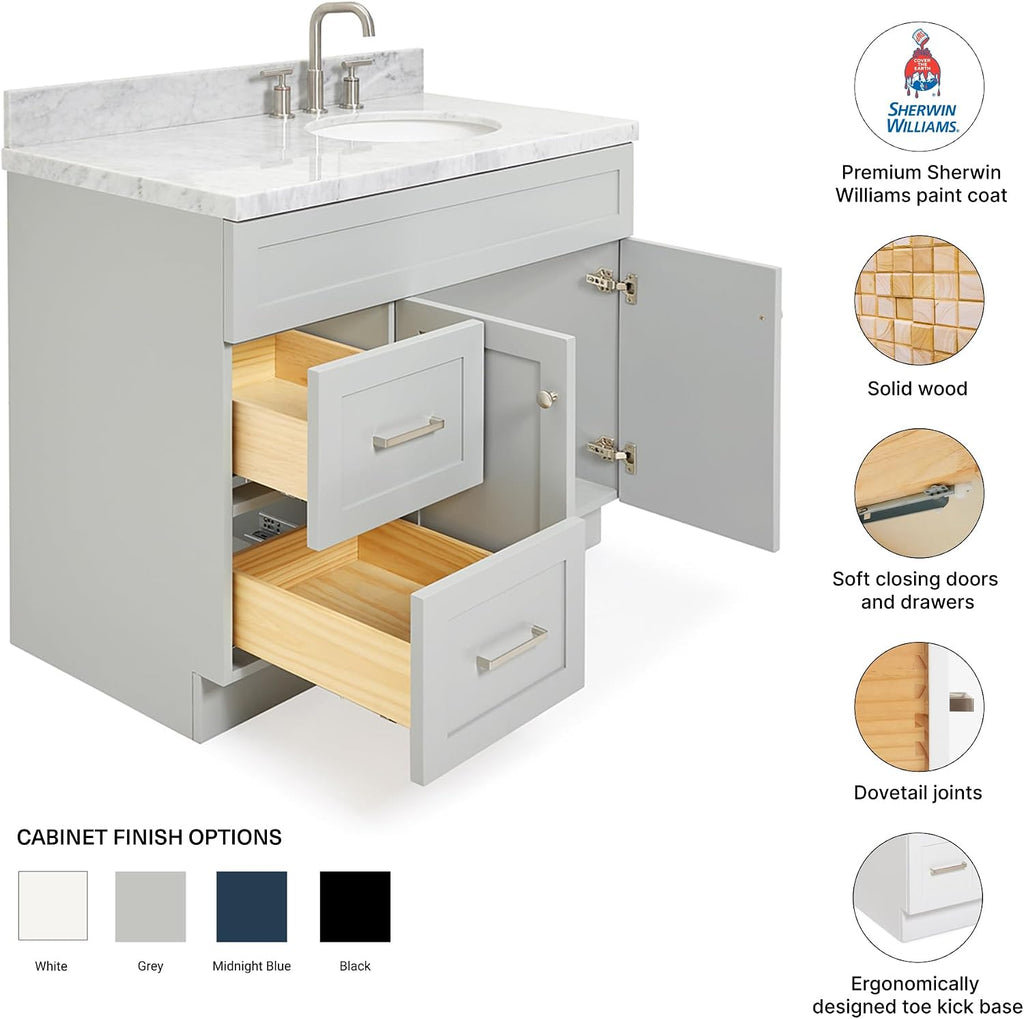 DKB Bradford 42' Grey Bathroom Vanity with Sink, 1.5' Edge Italian Carrara Marble Countertop, Oval Sink, 2 Soft Closing Doors, 2 Full Extension Dovetail Drawers, Brushed Nickel
