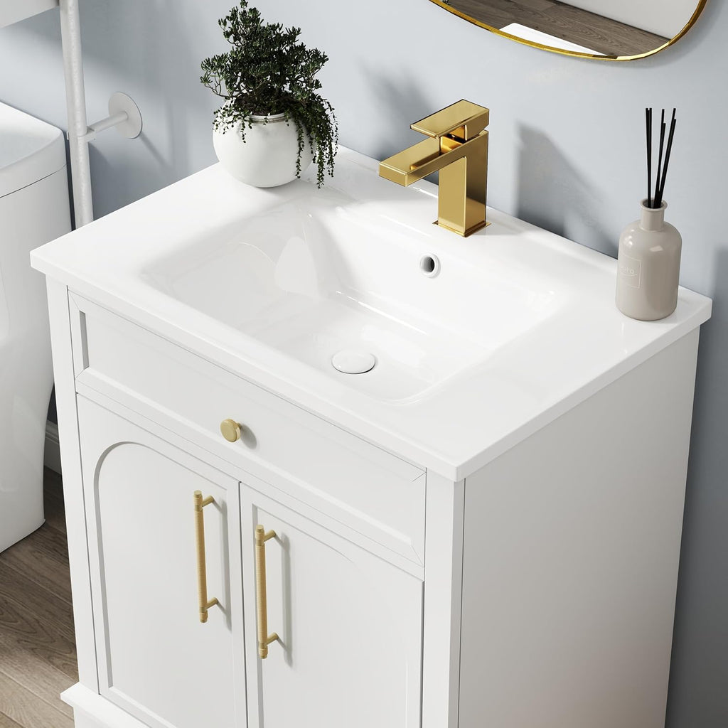 28 inch Bathroom Vanity with Sink Combo, Mid Century Modern Freestanding Bathroom Cabinet with Integrated Ceramic Sink, 2 Soft Closed Doors, Adjustable Shelves, Golden Handle, White