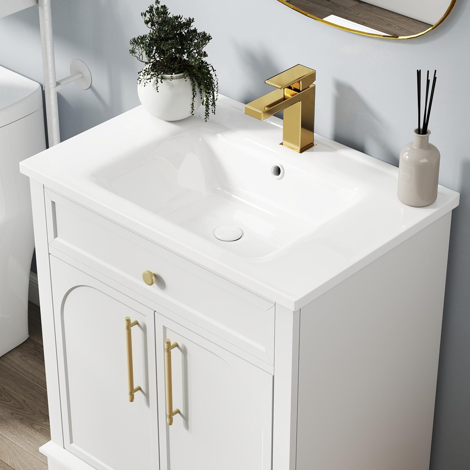 28 inch Bathroom Vanity with Sink Combo, Mid Century Modern Freestanding Bathroom Cabinet with Integrated Ceramic Sink, 2 Soft Closed Doors, Adjustable Shelves, Golden Handle, White