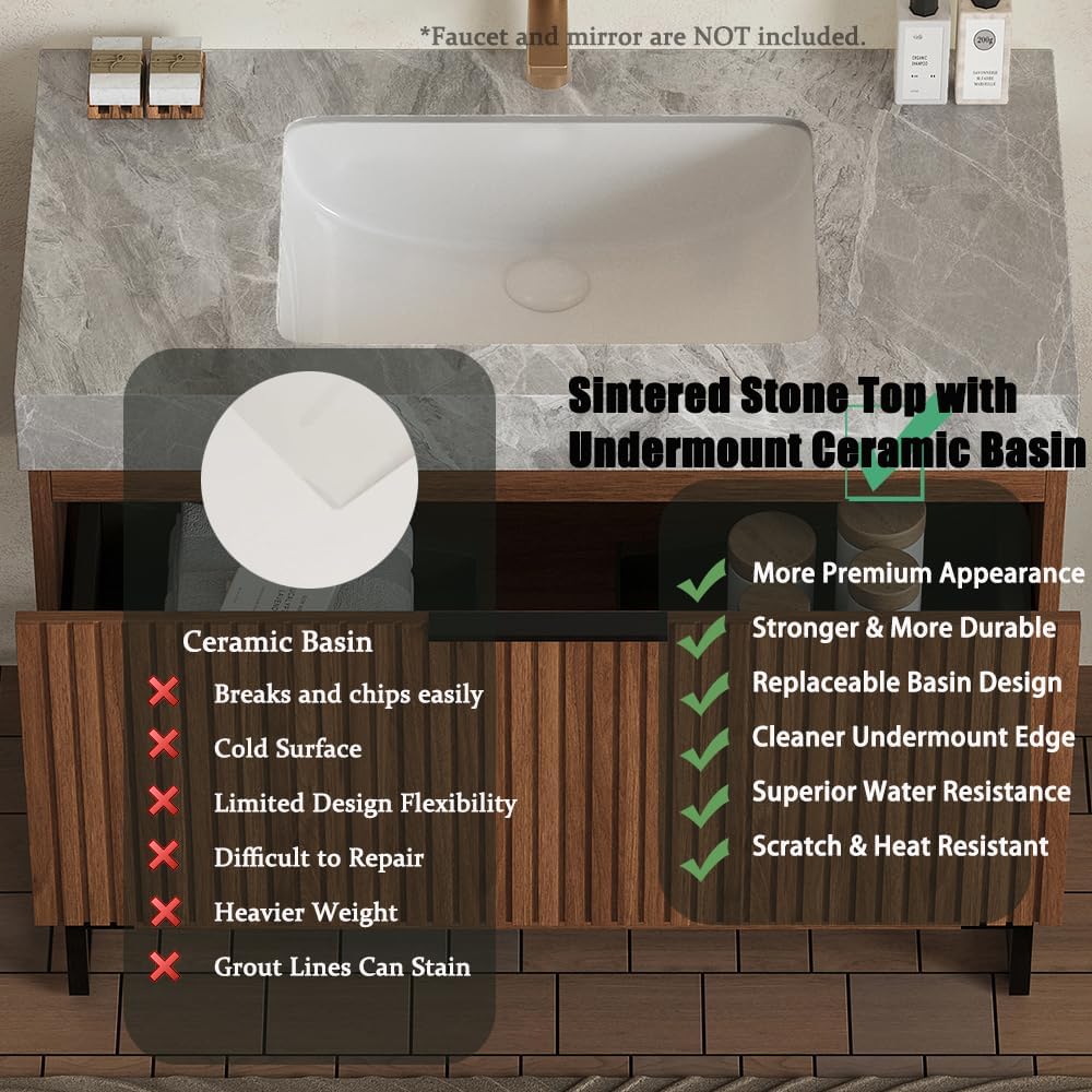 30'' Modern Bathroom Vanity with Sink, Freestanding Plywood Cabinet with Light Gray Sintered Stone Top & Undermount Ceramic Basin, Bathroom Vanities Cabinet W/Drawer and Open Shelf-Lund, Dark Walnut/S
