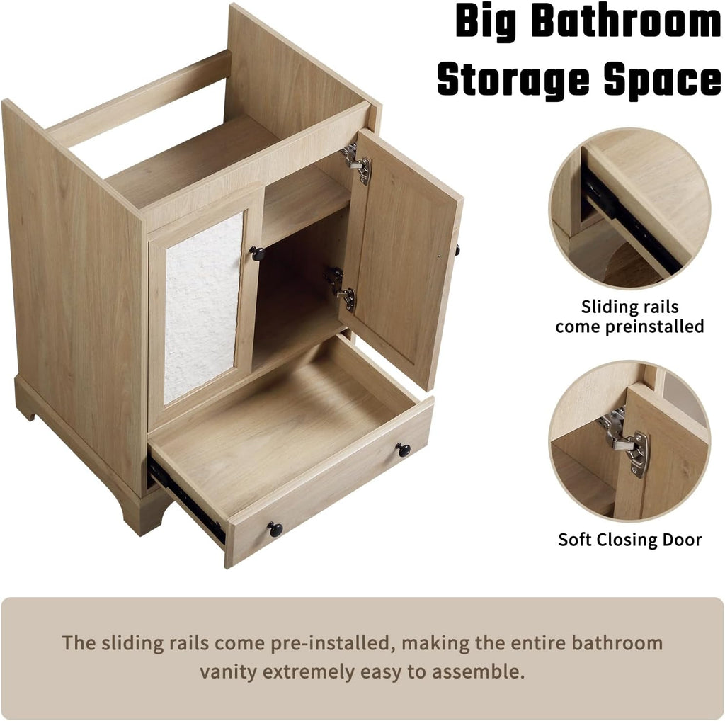 24 inch Bathroom Vanity with Sink, Modern Freestanding Bathroom Vanity Cabinet with Ceramic Sink, Sand Like Texture Cabinet Doors, Soft Closed Drawer, Adjustable Shelf, Easy Assembly