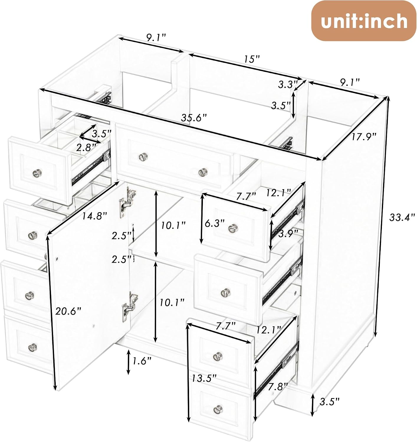 Flieks 36' Bathroom Vanity Without Sink, Cabinet Base Only, One Cabinet and Six Drawers, White