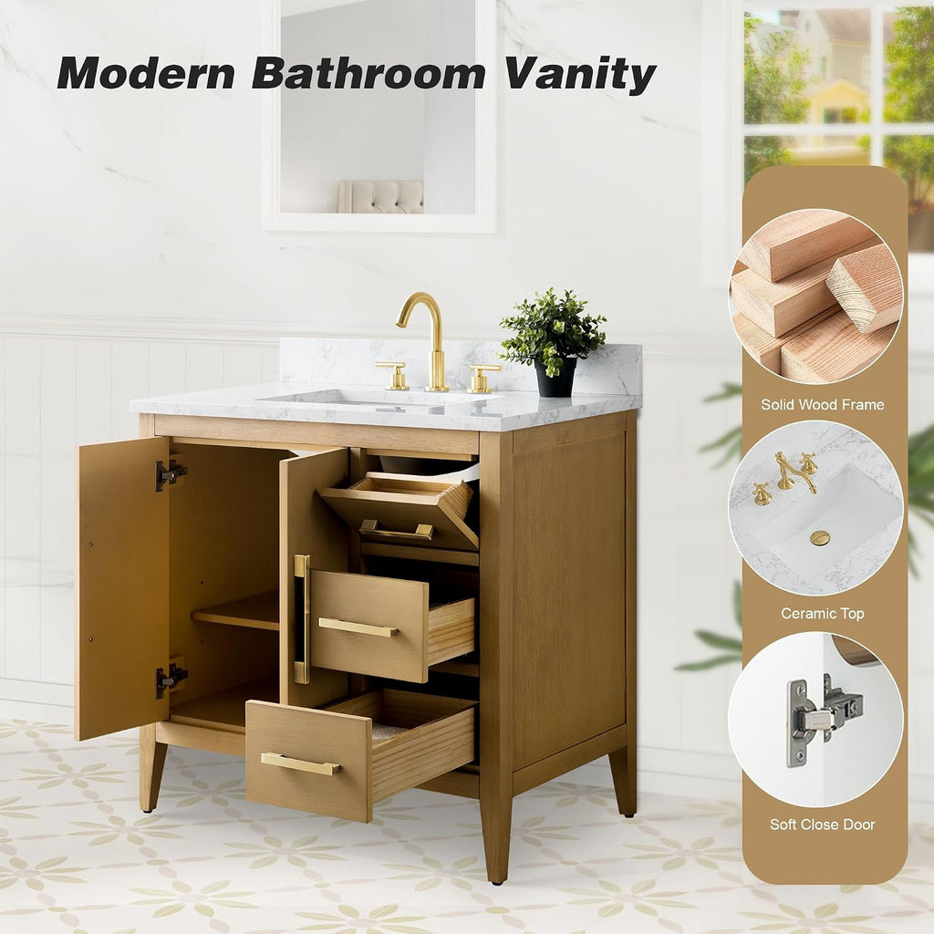 HOMEBEYOND 36 Inch Bathroom Vanities with Sink & Ceramic Top, Single Vanity Cabinet with Basin, Solid Wood Frame, Soft-Closing Doors & Golden Brushed Hardware, Natural Oak