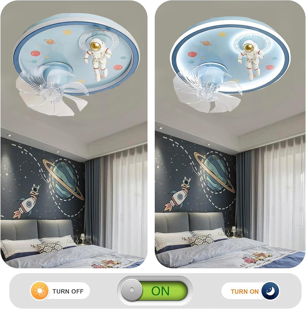 SOMINA Kids Ceiling Fan Light, Astronaut Themed Flush Mount LED Fixture, Creative Cartoon Design Low Profile Fan for Boys Girls Bedroom Nursery Playroom