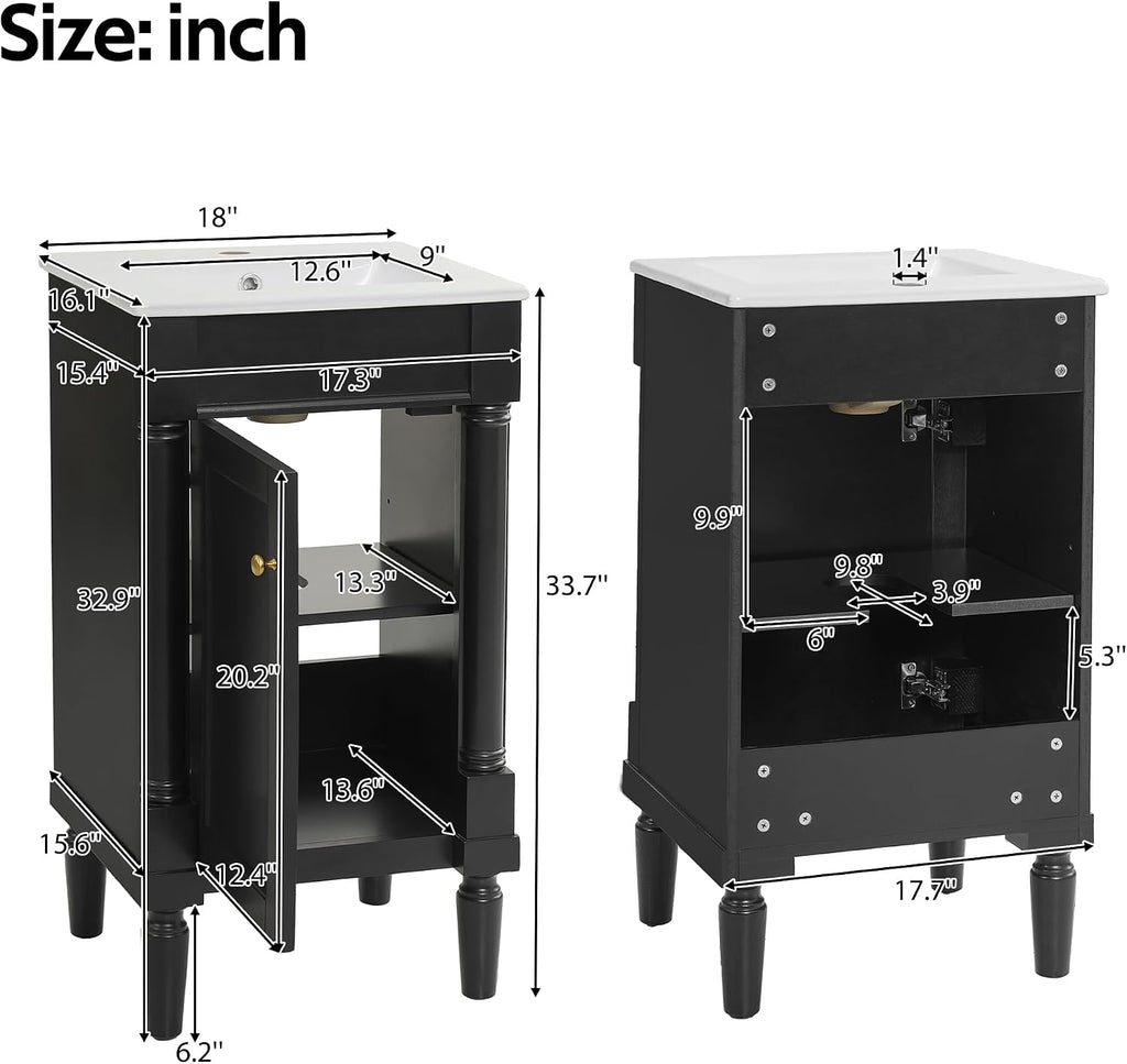 VilroCaz Modern 18'' Bathroom Vanity with Top Sink, Freestanding Bathroom Storage Cabinet with Door and Adjustable Shelf, Single Sink Cabinet with Nordic Style Legs (Black-Right-Open)
