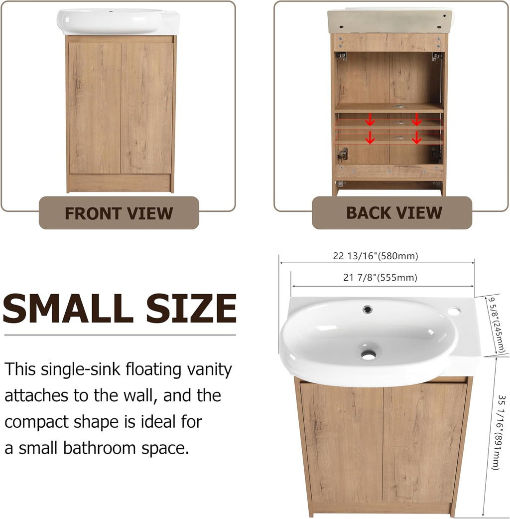 23' Small Bathroom Vanity with Sink, Freestanding Bathroom Vanity Cabinet with Round Ceramic Basin, Soft Closing Doors, Adjustable Shelves, Modern Single Sink Bathroom Vanity, Imitative Oak