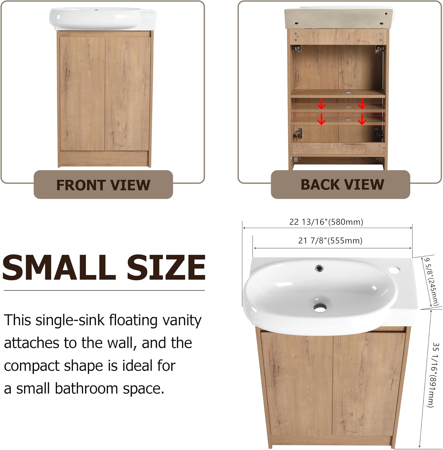 23' Small Bathroom Vanity with Sink, Freestanding Bathroom Vanity Cabinet with Round Ceramic Basin, Soft Closing Doors, Adjustable Shelves, Modern Single Sink Bathroom Vanity, Imitative Oak