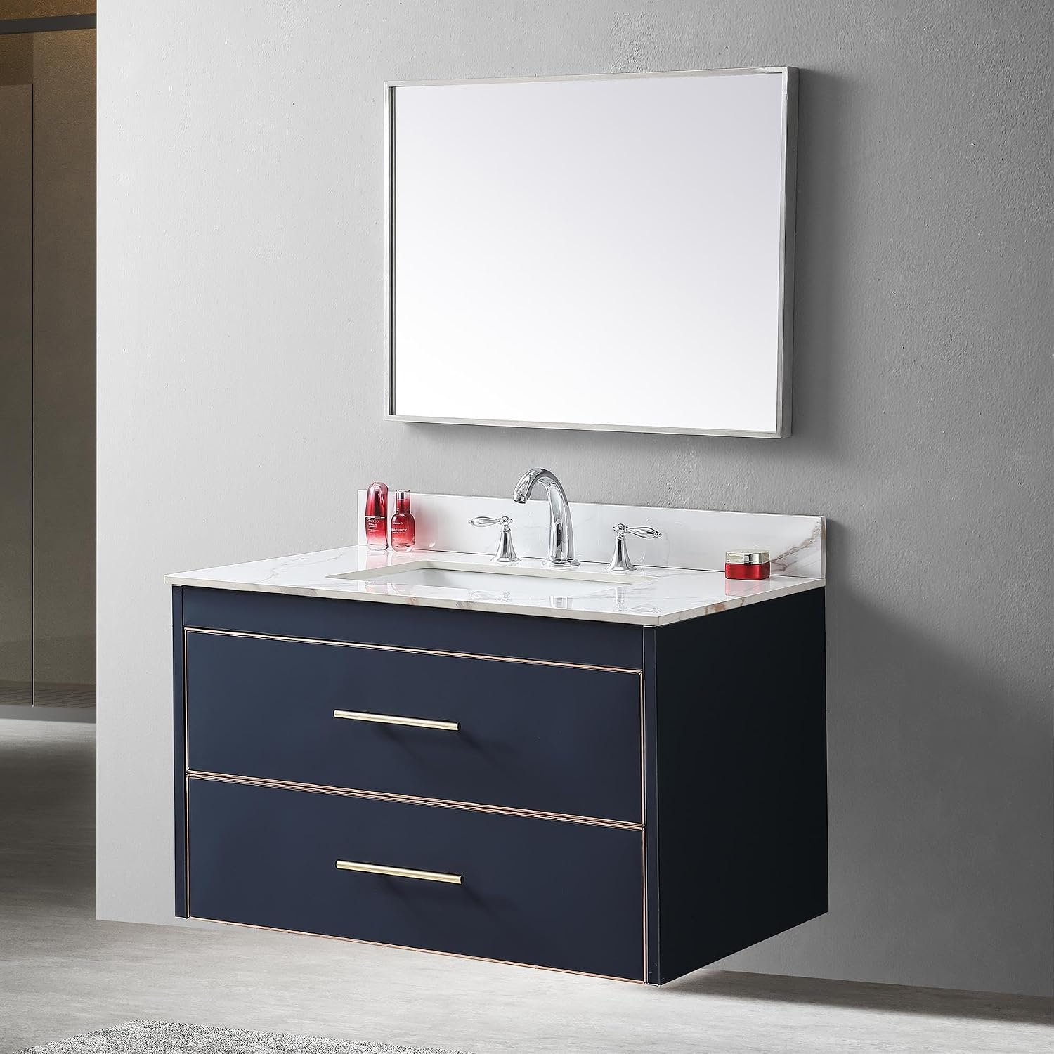 37' Bathroom Vanity Top with Ceramic Undermount Sink & Backsplash,Carrara Gold Sintered Stone Counter Top, 3 Holes Vanity Sink Top