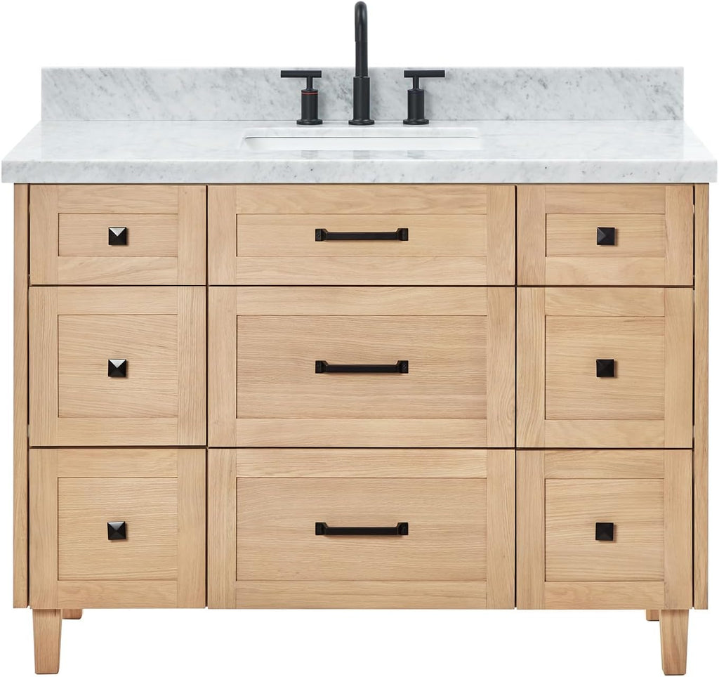 ARIEL Monroe 48-inch Bathroom Vanity with Sink,Solid Wood, 1.5-inch Italian Carrara Marble Countertop, Single Rectangular Porcelain Sink, Dovetail Drawers, White Oak