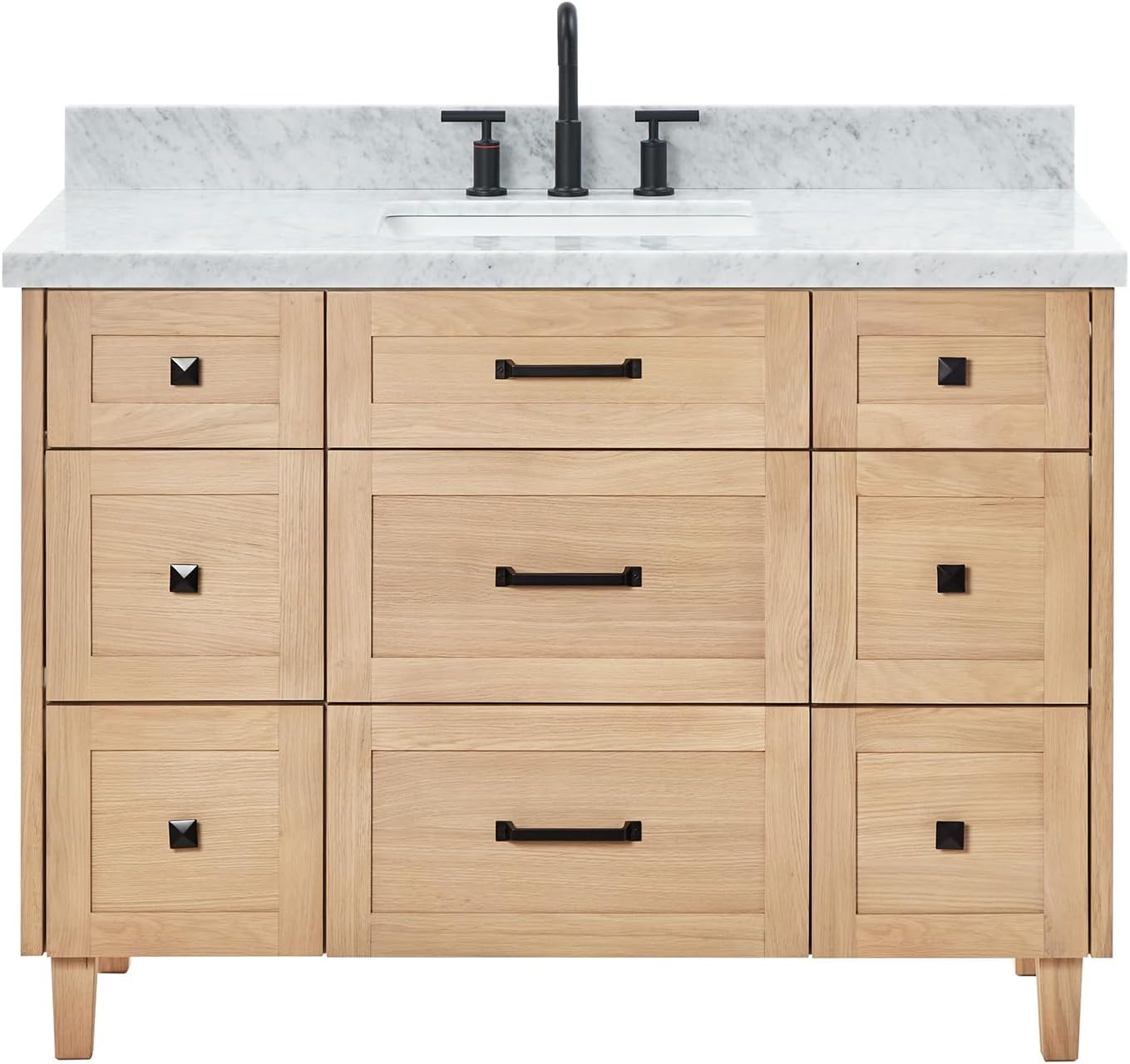 ARIEL Monroe 48-inch Bathroom Vanity with Sink,Solid Wood, 1.5-inch Italian Carrara Marble Countertop, Single Rectangular Porcelain Sink, Dovetail Drawers, White Oak