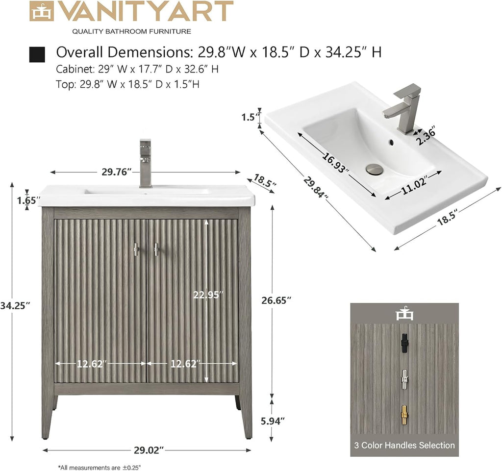 Vanity Art 30 inch Bathroom Vanity with Single Sink & Ceramic Top, Vanity Cabinet with Soft-Closing Door, Solid Wood Frame, Linear Pattern, Driftwood Gray, Golden Brushed Handware VA9130-DG-GB