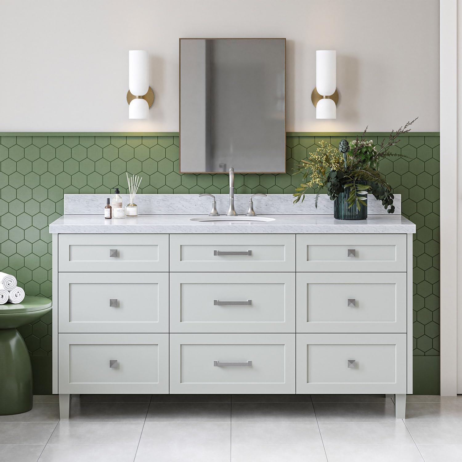 ARIEL Monroe 66-inch Bathroom Vanity with Sink,Solid Wood, 1.5-inch Italian Carrara Marble Countertop, Single Oval Porcelain Sink, Dovetail Drawers, Grey