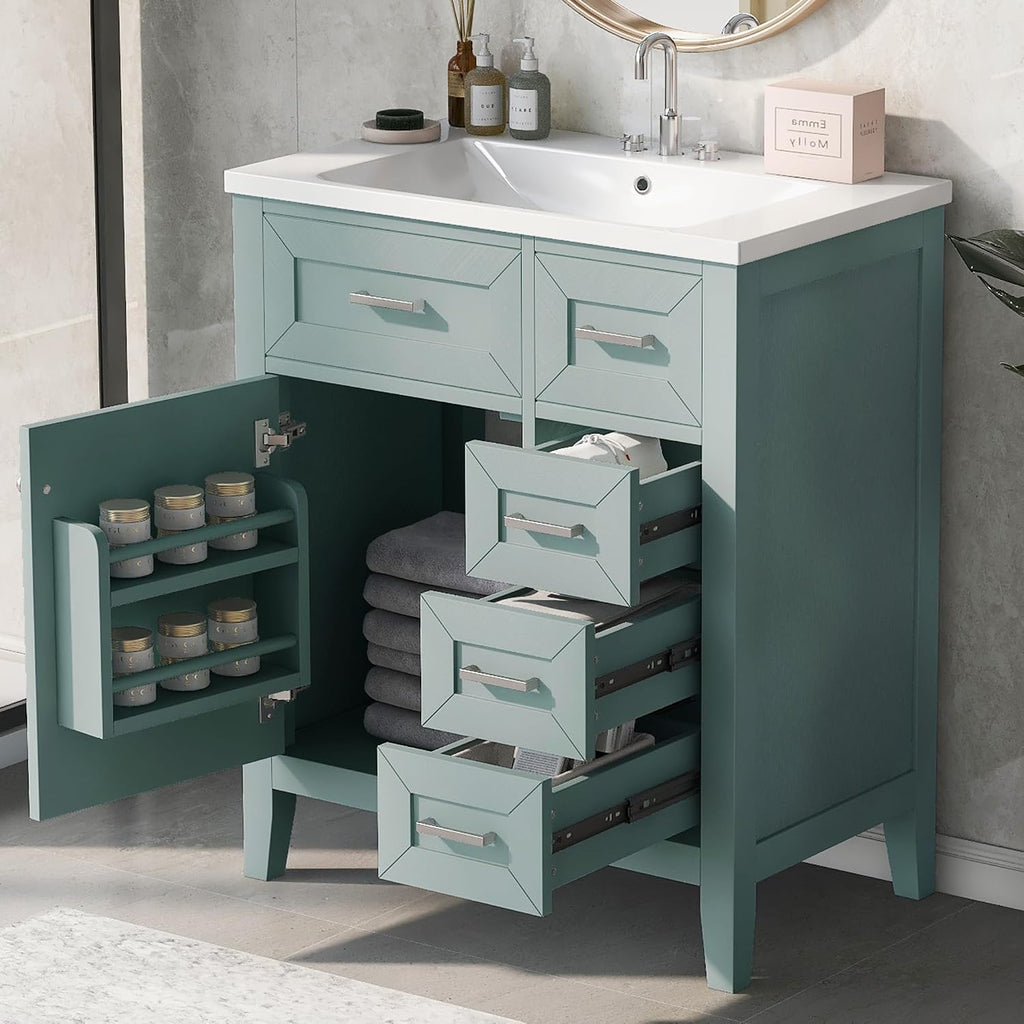 30 Inch Bathroom Vanity Without Sink, Base Only, Storage Cabinet with Doors and Drawers, Green