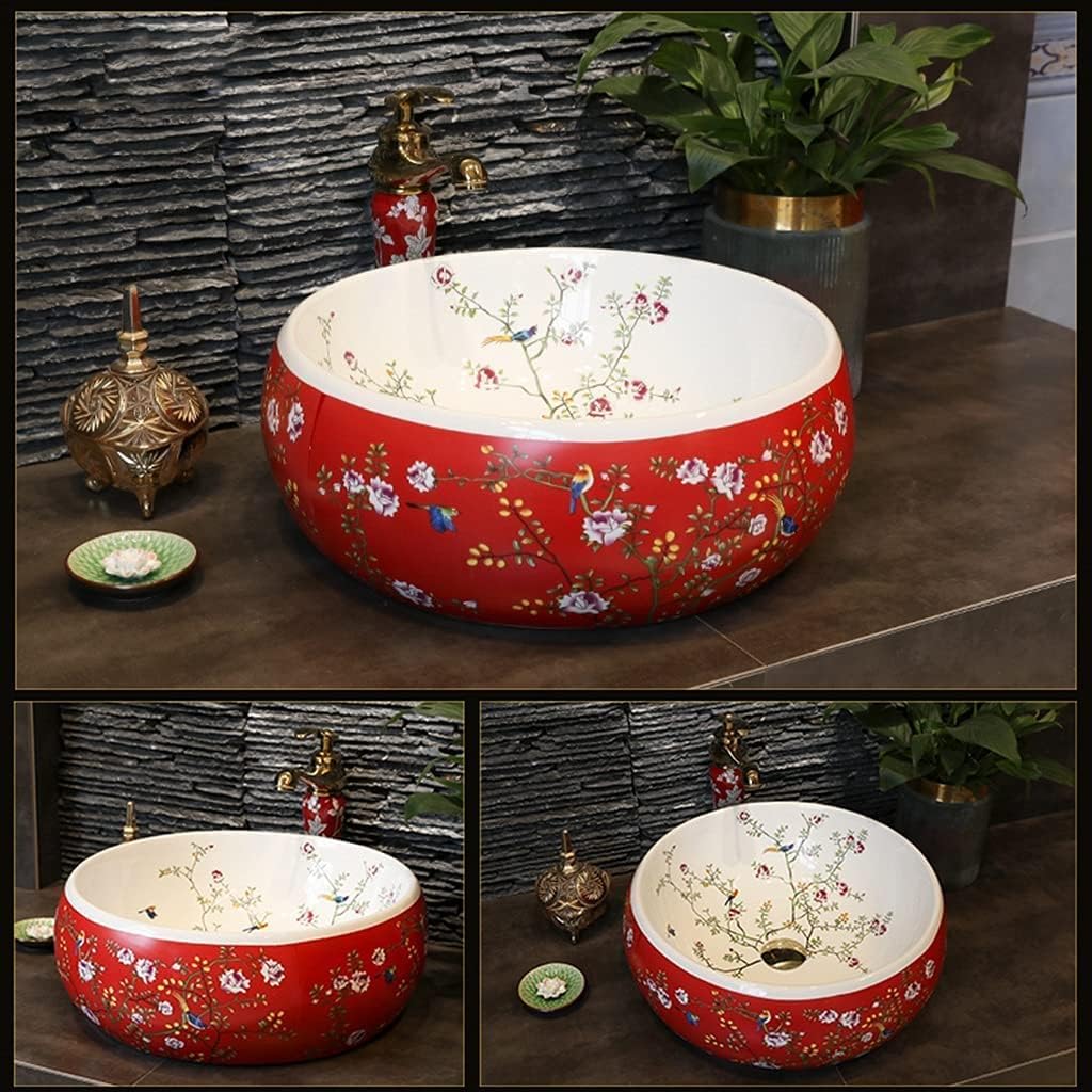 Bathroom Bar Vanity Vessel Sinks Above Counter Vanity Sink Tops Chinese Ceramic Lowes Bathroom Vanities Individual Flower and Bird Art Basin,42 * 15Cm,Red,42 * 15cm