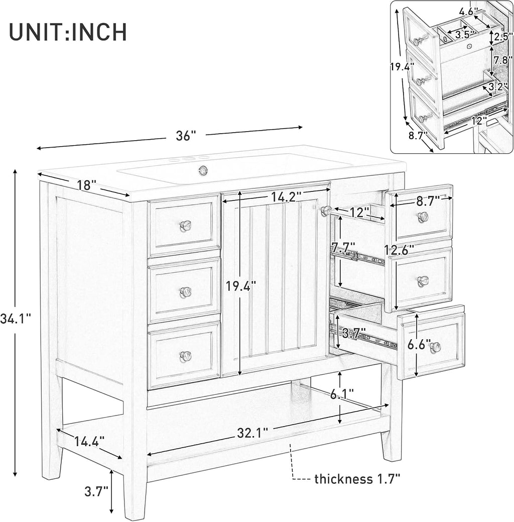 36' Vanity Bathroom Cabinet with Sink Top, Three Multi-Functional Drawers, Open Storage Space, Adjustable Shelf, Blue