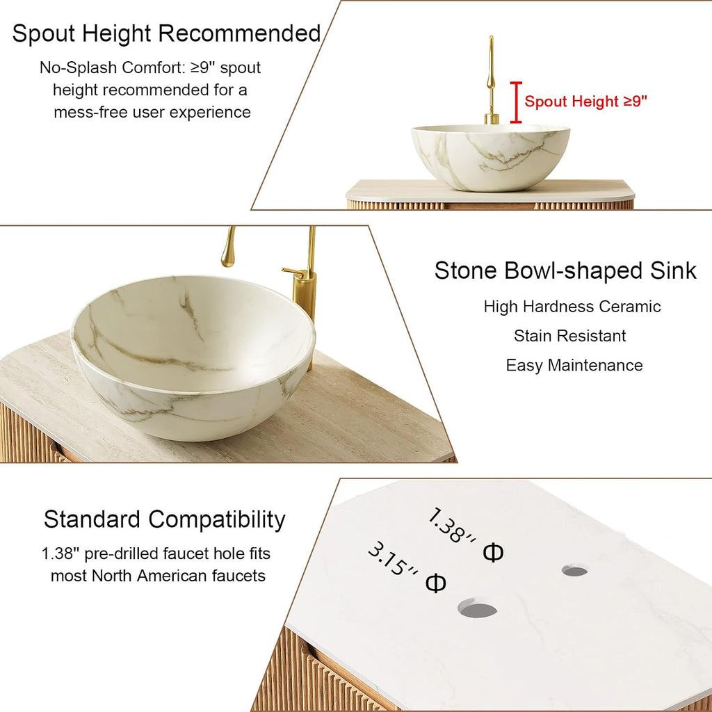 Eleshine 60' Wall Mounted Floating Bathroom Vanity with Double Sinks, 2 Drawers, Curved Edges, Matte White Ceramic Bowl Basins, Carrara White Sintered Stone Top, Pre-Assembled, Natural Woodgrain
