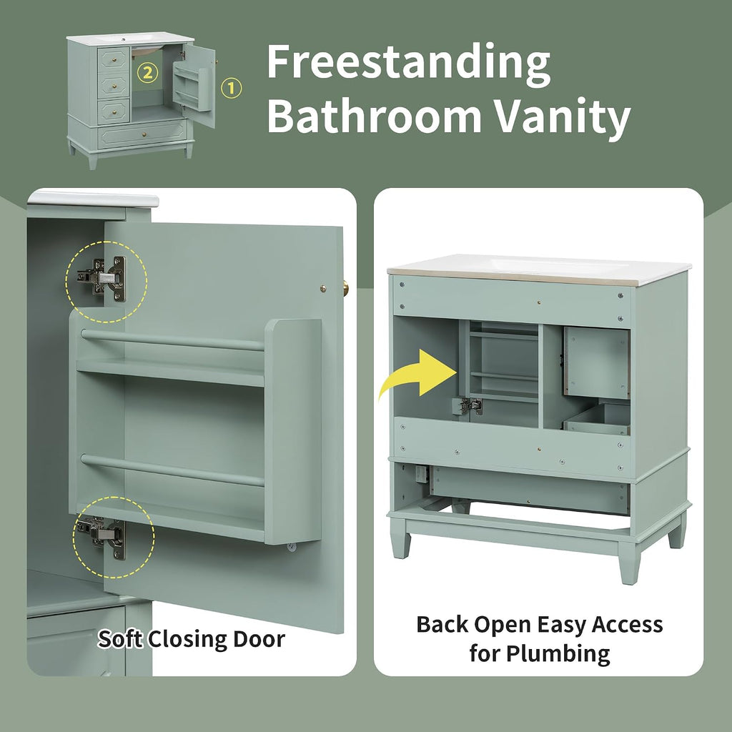Bathroom Vanity with Ceramic Sink 30 inch, Multi-Functional Storage Cabinet with Drawers and Door Shelf, Solid Wood Frame, Soft-Closing Door, Light Green