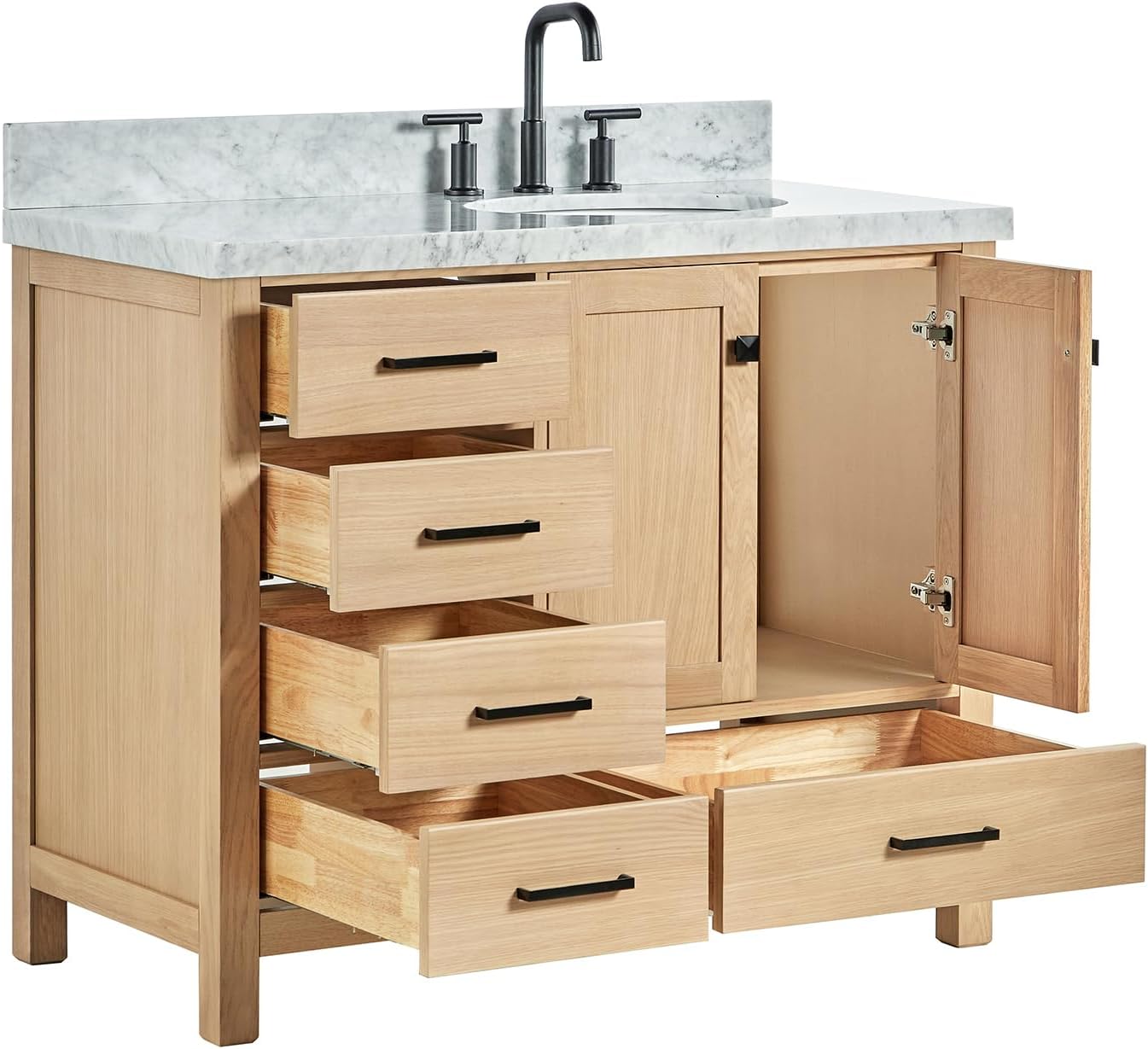 DKB Beckford 42-Inch Oak Single Bathroom Vanity with Sink, Italian Carrara Marble Countertop 1.5' Edge & Backsplash, Soft Closing Door & Drawer, Matte Black Hardware