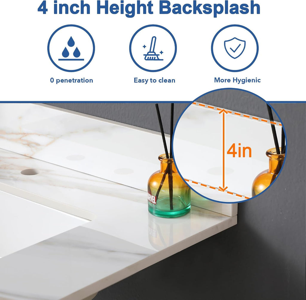 Runboll 31 Inch Marble Vanity Top with Undermount Rectangular Sink, 4' Backsplash, Pre-Drilled Faucet Single Hole, Vanity Top with Sink for Bathroom, Bathroom Remodels (Cabinet NOT Included)