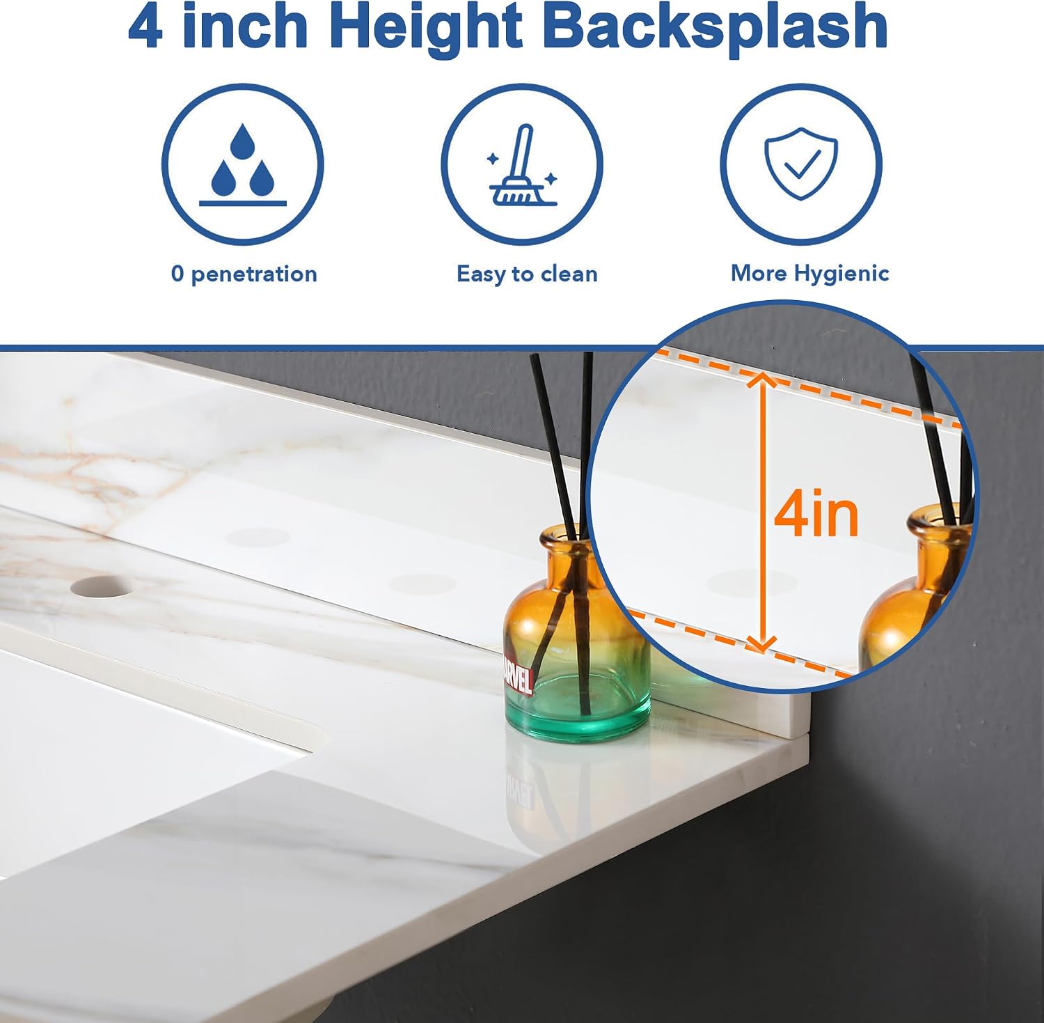 Runboll 31 Inch Marble Vanity Top with Undermount Rectangular Sink, 4' Backsplash, Pre-Drilled Faucet Single Hole, Vanity Top with Sink for Bathroom, Bathroom Remodels (Cabinet NOT Included)