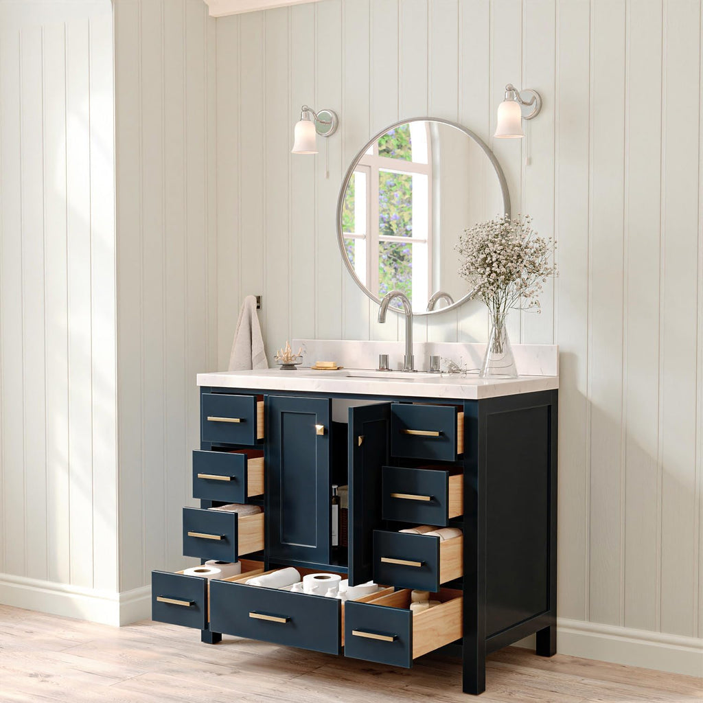 ARIEL Cambridge 42-inch Bathroom Vanity with Sink,Solid Wood, 1.5-inch Carrara White Quartz Countertop, Single Rectangular Porcelain Sink, 2 Soft Closing Doors, 9 Dovetail Drawers, Midnight Blue