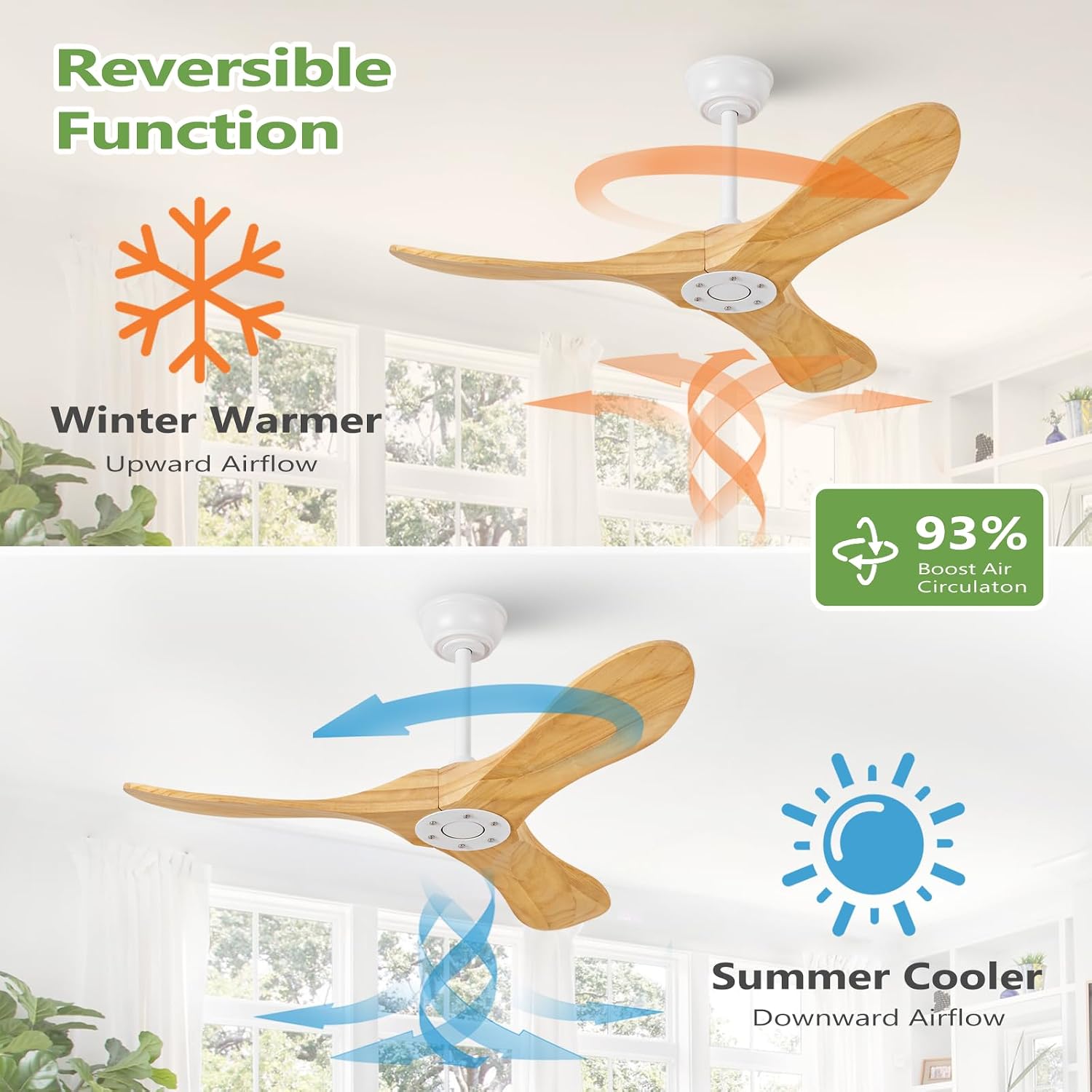 42 Inch Solid Wood Ceiling Fan No Light,Propeller Outdoor Ceiling Fans Without Lights with Wall Switch and Remote Control,Quiet DC Motor,3 Blades Ceiling Fan for Patios,Living Room,Bed Room