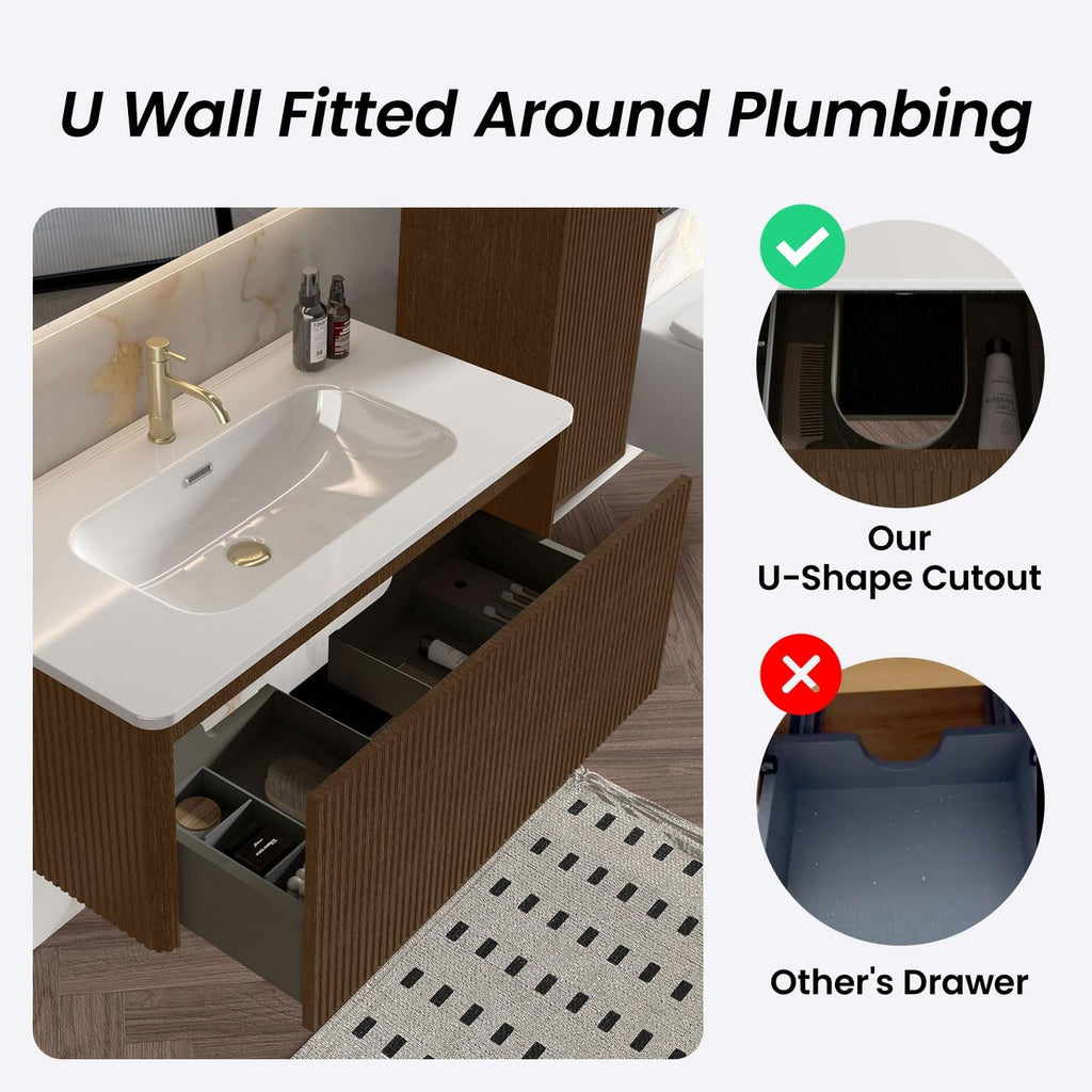 36 Inch Bathroom Vanity with Sink, Modern Floating Vanity with Push Open Soft Close Drawer, Large Storage for Powder Room, Brushed Black Oak, Fully Assembled - Camellia Collection