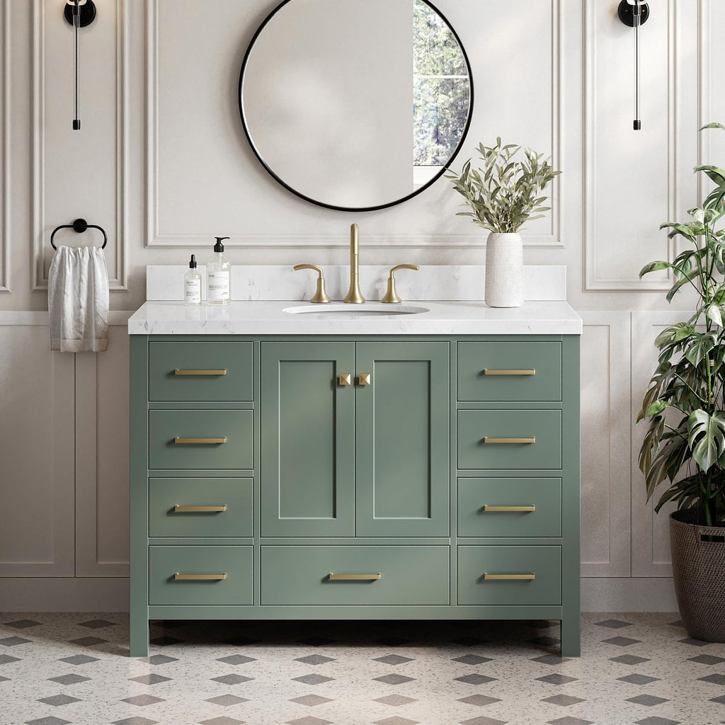 ARIEL Cambridge 48-inch Bathroom Vanity with Sink,Solid Wood, 1.5-inch Carrara White Quartz Countertop, Single Oval Porcelain Sink, 2 Soft Closing Doors, 9 Dovetail Drawers, Vintage Green