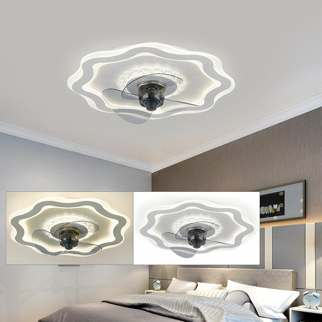 Chandelier , Low Profile Ceiling Fan with Lights Remote Control 20inch Modern Fandaliers Ceiling Fan Chandelier 3 Color Dimmable 3 Speed 3 Blade Flush Mount Ceiling Fan Light for Bedroom,72W 6400LM