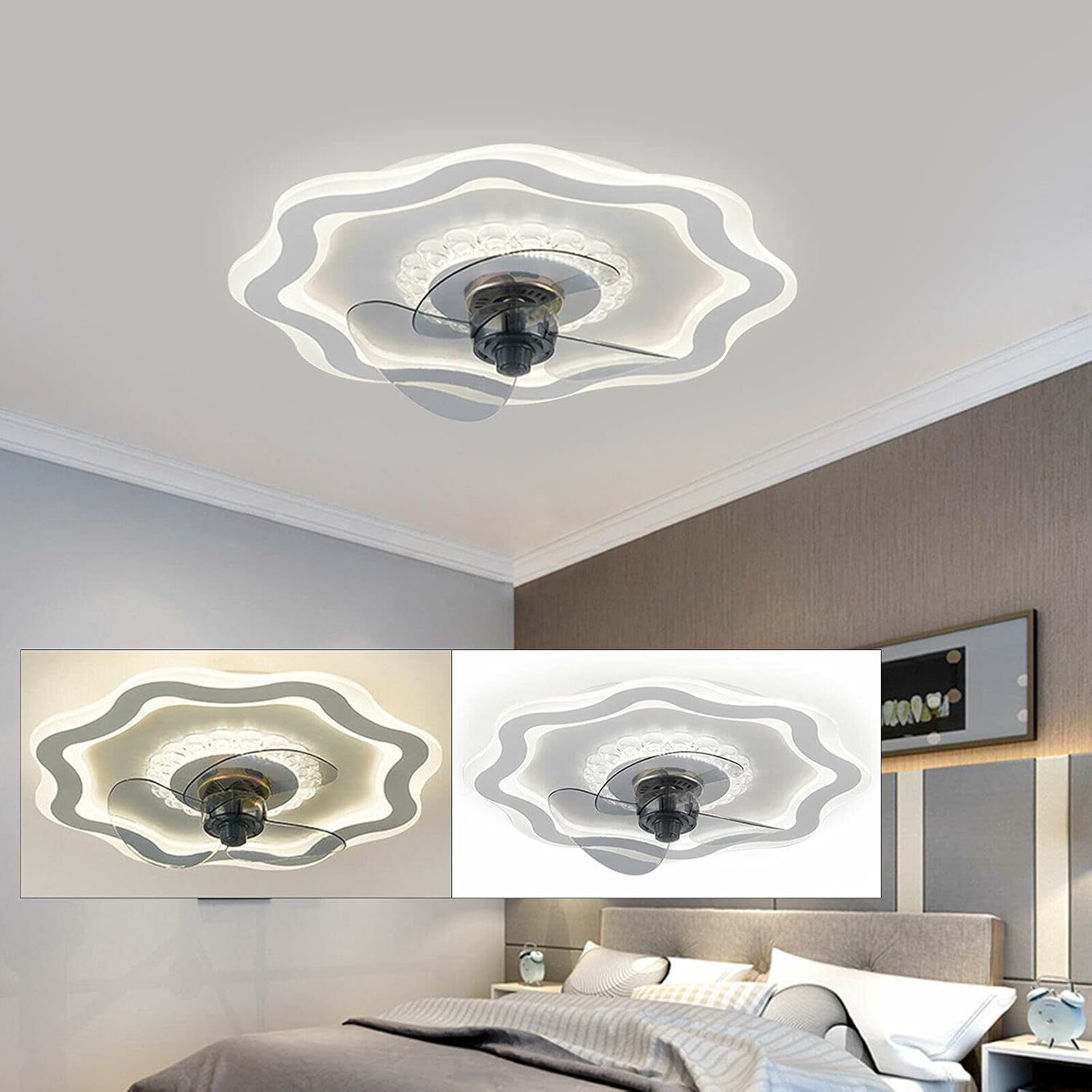 Chandelier , Low Profile Ceiling Fan with Lights Remote Control 20inch Modern Fandaliers Ceiling Fan Chandelier 3 Color Dimmable 3 Speed 3 Blade Flush Mount Ceiling Fan Light for Bedroom,72W 6400LM