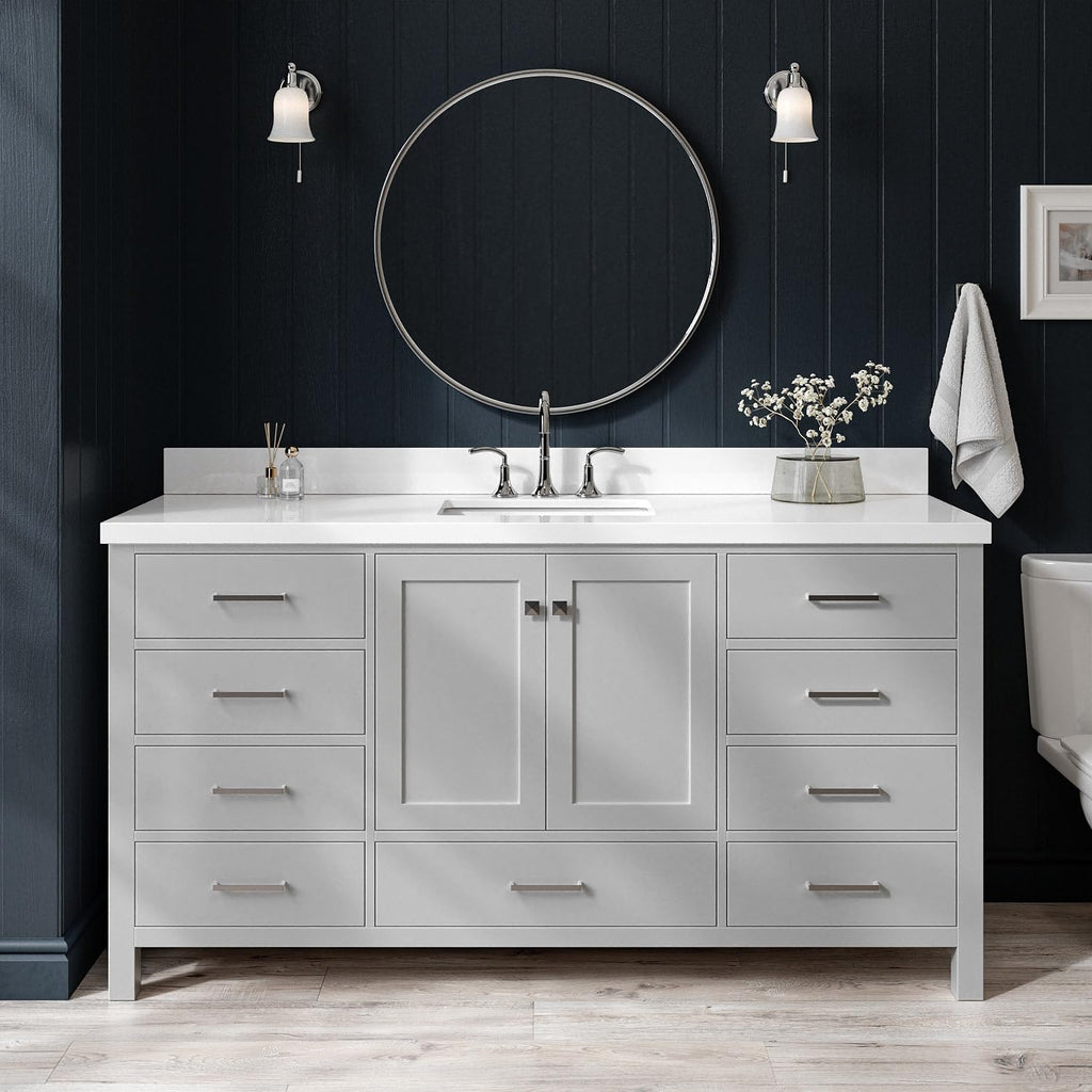 ARIEL Cambridge 66-inch Bathroom Vanity with Sink,Solid Wood, 1.5-inch Pure White Quartz Countertop & Backsplash, Single Rectangular Porcelain Sink, 2 Soft Closing Doors, 9 Dovetail Drawers, Grey