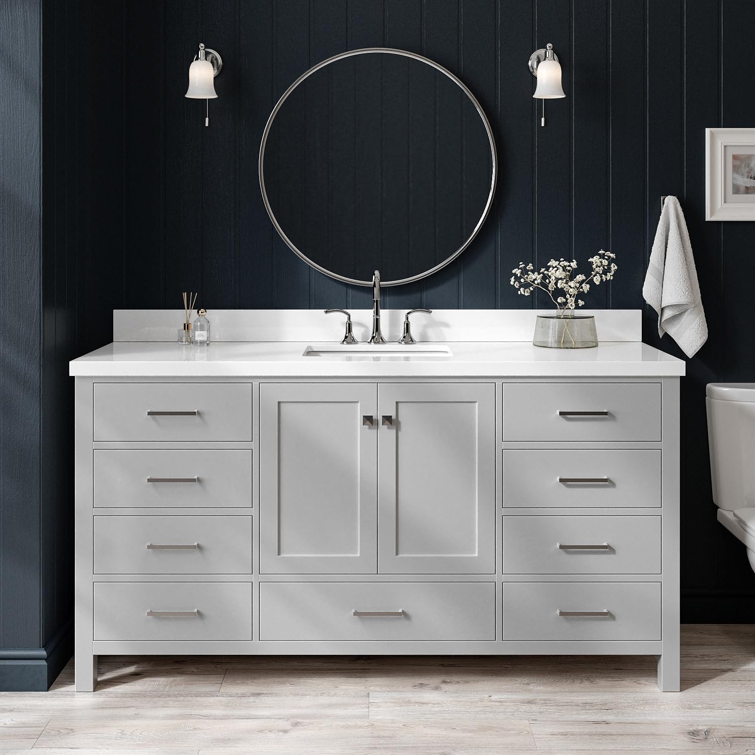 ARIEL Cambridge 66-inch Bathroom Vanity with Sink,Solid Wood, 1.5-inch Pure White Quartz Countertop & Backsplash, Single Rectangular Porcelain Sink, 2 Soft Closing Doors, 9 Dovetail Drawers, Grey