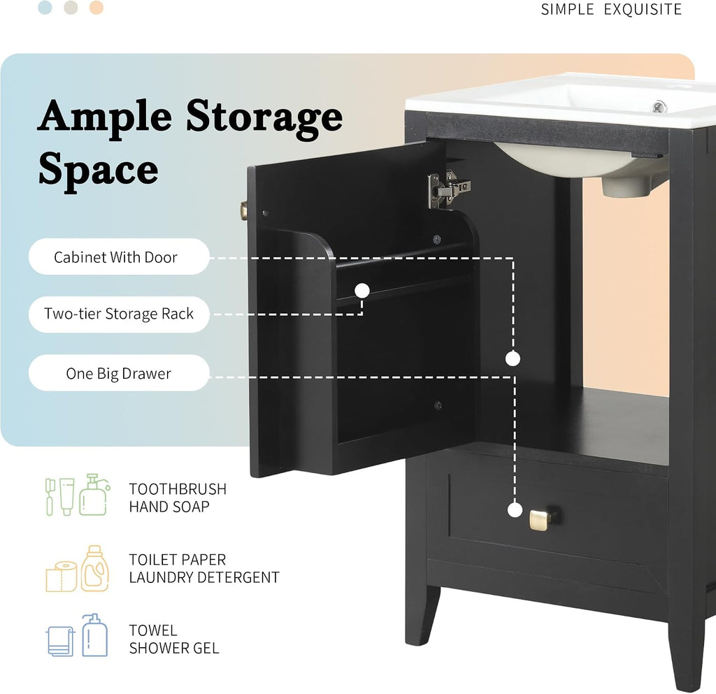 Harper & Bright Designs 20' Bathroom Vanity with Sink, Free Standing Single Vanity Set with One Drawer, and Door Storage Shelf, Solid Wood Storage Cabinet with Ceramic Basin for Bathroom, Black