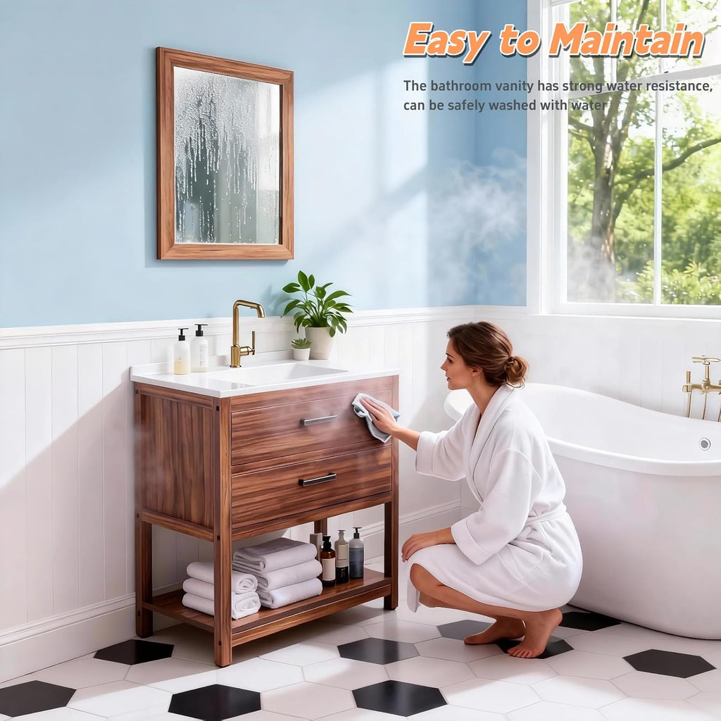 30 Inch Poly Lumber Bathroom Vanity with Sink Combo, Waterproof Freestanding Cabinet, SMC Resin Countertop with 2 Drawers & Open Storage Shelf, Adjustable Feet, Zinc-Alloy Handles, Rustic Brown