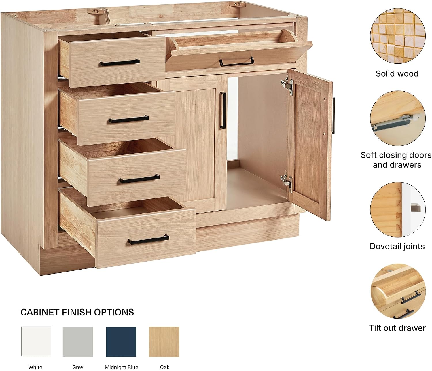ARIEL Hepburn 42-inch Bathroom Vanity Base Cabinet,Solid Wood, 2 Soft Closing Doors, 5 Dovetail Drawers, White Oak