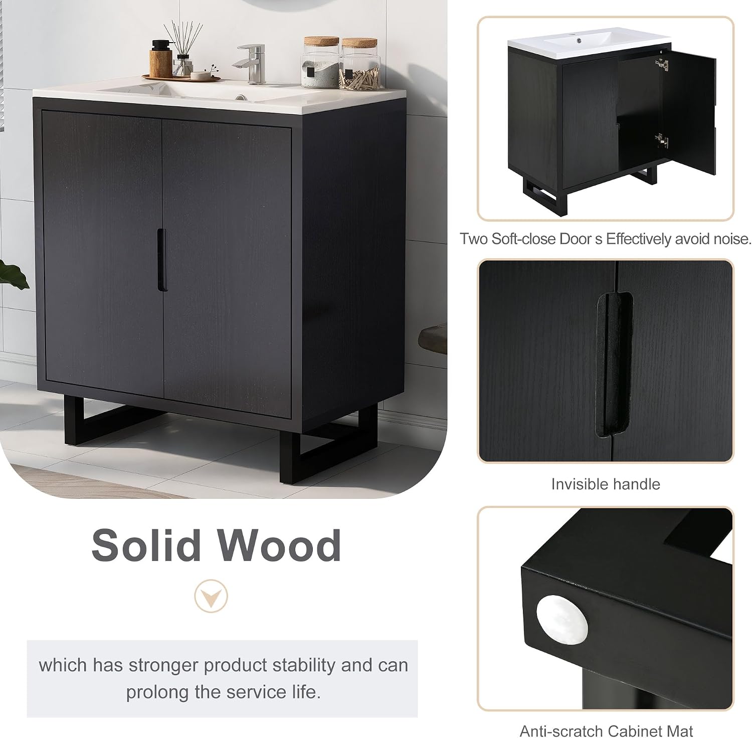 Harper & Bright Designs 30' Bathroom Vanity with Sink, Free Standing Single Basin Vanity Set with 2 Doors Lager Cabinet, Modern Wooden Bathroom Cabinet with Resin Basin for Bathroom, Black