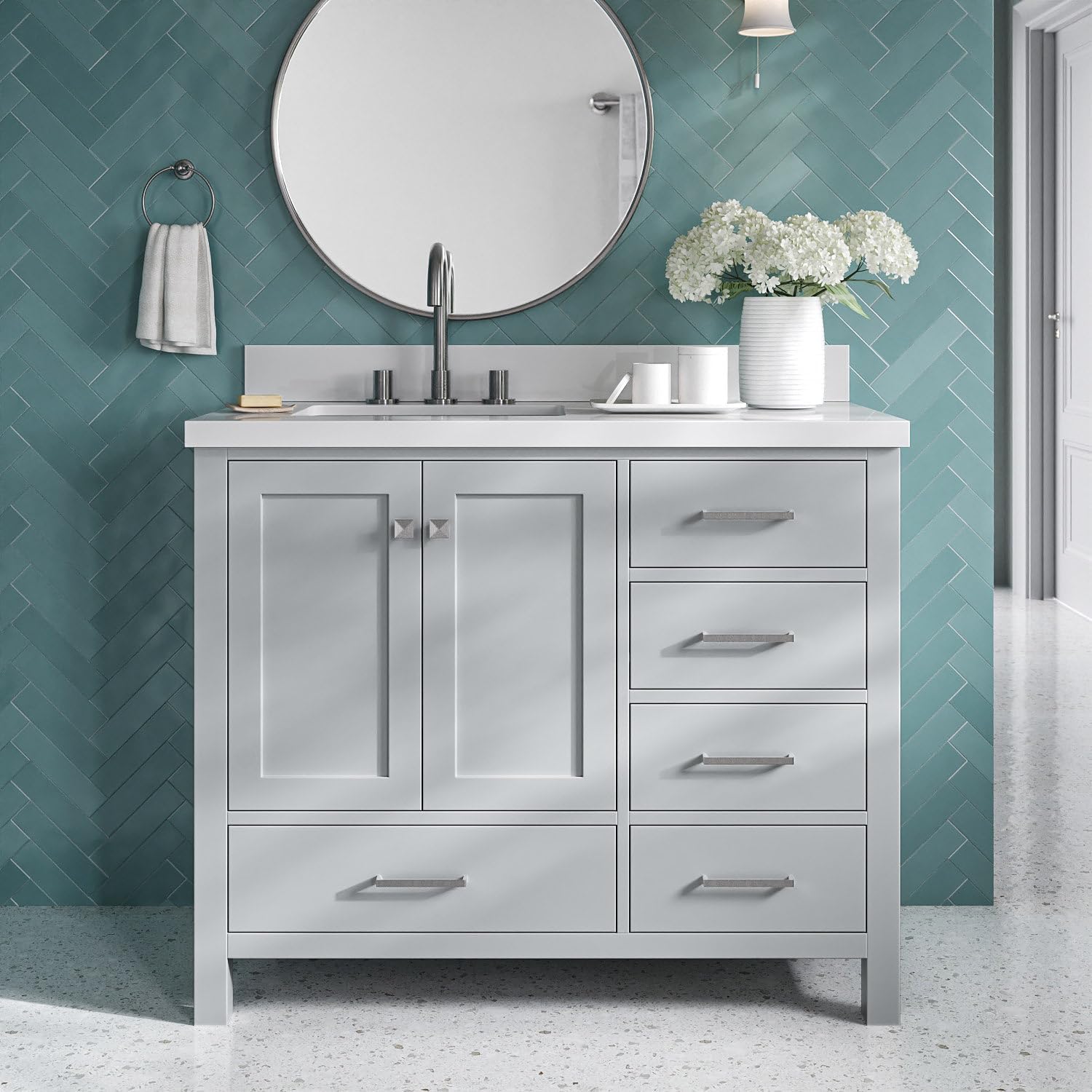 DKB Beckford 42-Inch Grey Bathroom Vanity with Sink, 1.5-Inch Pure White Quartz Countertop & Backsplash, Left Rectangular Undermount Sink, 2 Soft Closing Doors, 5 Dovetail Drawers, Brushed Nickel