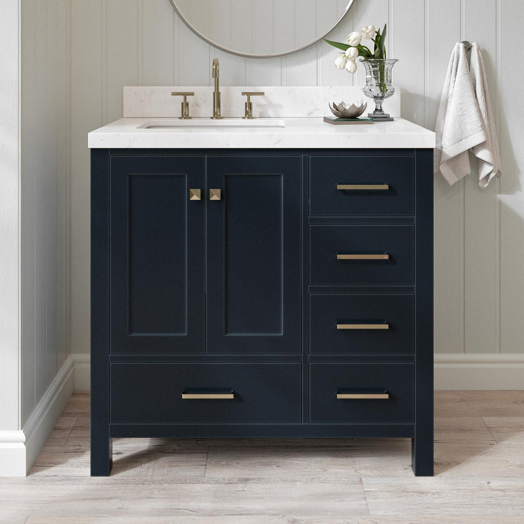 ARIEL Cambridge 36-inch Bathroom Vanity with Sink,Solid Wood, 1.5-inch Carrara White Quartz Countertop, Single Rectangular Porcelain Sink, 2 Soft Closing Doors, 5 Dovetail Drawers, Midnight Blue