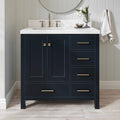 ARIEL Cambridge 36-inch Bathroom Vanity with Sink,Solid Wood, 1.5-inch Carrara White Quartz Countertop, Single Rectangular Porcelain Sink, 2 Soft Closing Doors, 5 Dovetail Drawers, Midnight Blue