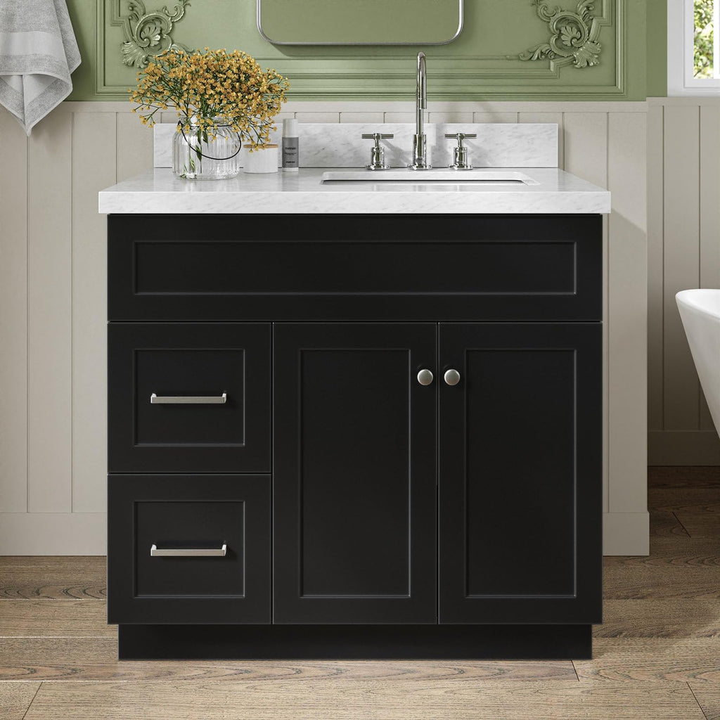 ARIEL Hamlet 36-inch Bathroom Vanity with Sink,Solid Wood, 1.5-inch Italian Carrara Marble Countertop, Single Rectangular Porcelain Sink, 2 Soft Closing Doors, 2 Dovetail Drawers, Black