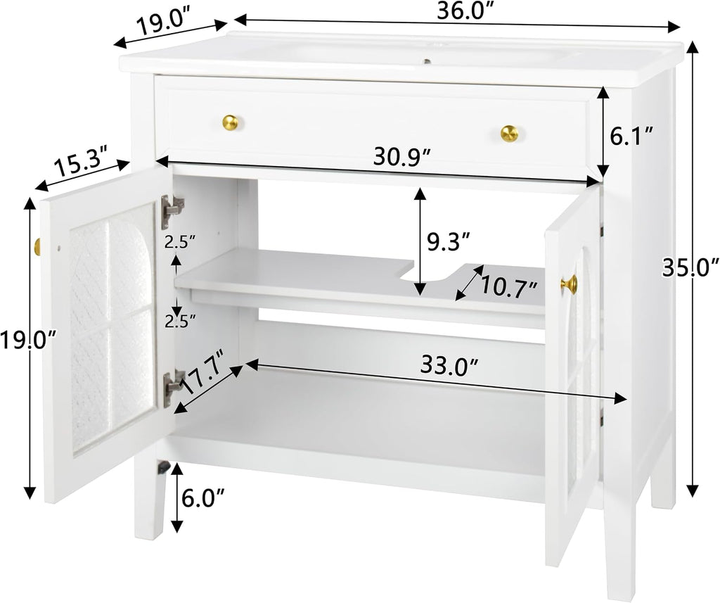 36 inch Bathroom Vanity with Sink Combo, Mid Century Modern Freestanding Bathroom Cabinet with Integrated Ceramic Sink, Flip Top Drawer, Flower Patterned Glass Doors, Adjustable Shelves, White
