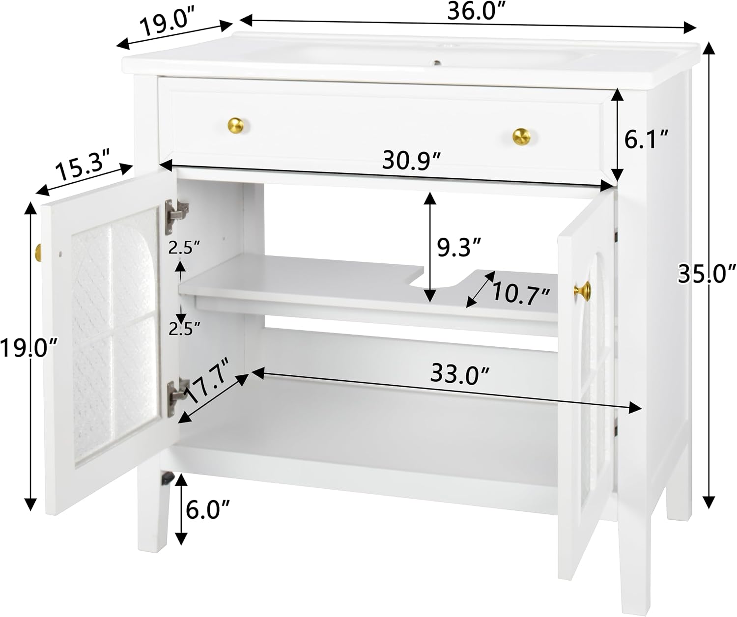 36 inch Bathroom Vanity with Sink Combo, Mid Century Modern Freestanding Bathroom Cabinet with Integrated Ceramic Sink, Flip Top Drawer, Flower Patterned Glass Doors, Adjustable Shelves, White