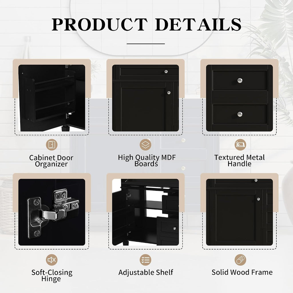 36'' Bathroom Vanity Without Top Sink, Modern Bathroom Storage Cabinet with 2 Drawers and a Tip-Out Drawer, Only Cabinet, Black