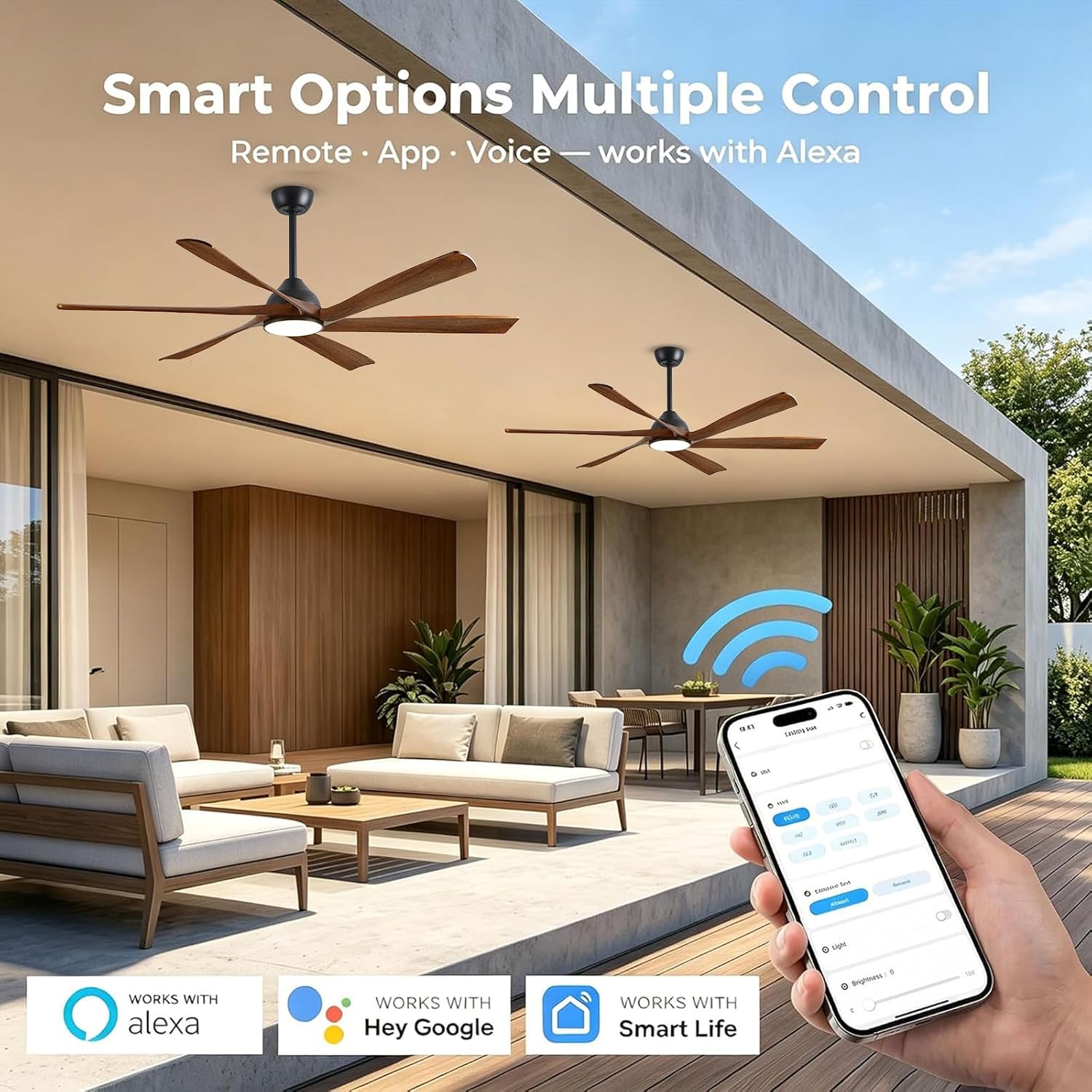 72 Inch Smart Ceiling Fan with Light and Remote via WiFi Alexa, Large Outdoor Ceiling Fans for Patios Damp Rated, Farmhouse Wood Propeller Ceiling Fan for Exterior Outside, High Velocity DC Motor
