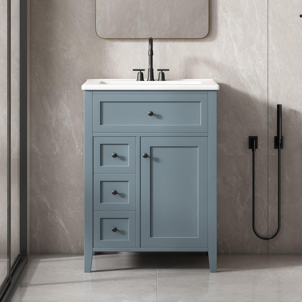 24' Bathroom Vanities Sink Set, Cabinet with Multi-Functional Tip-Out Drawer and Adjustable Shelf, Soft-Closing Door, Solid Wood Legs, Gray Blue