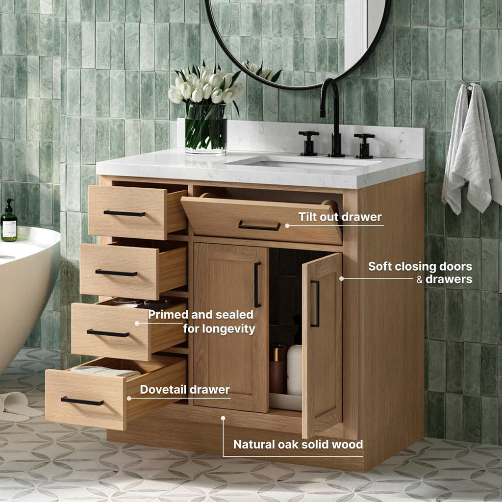 ARIEL Hepburn 36-inch Bathroom Vanity with Sink,Solid Wood, 1.5-inch Carrara White Quartz Countertop, Single Rectangular Porcelain Sink, 2 Soft Closing Doors, 5 Dovetail Drawers, White Oak