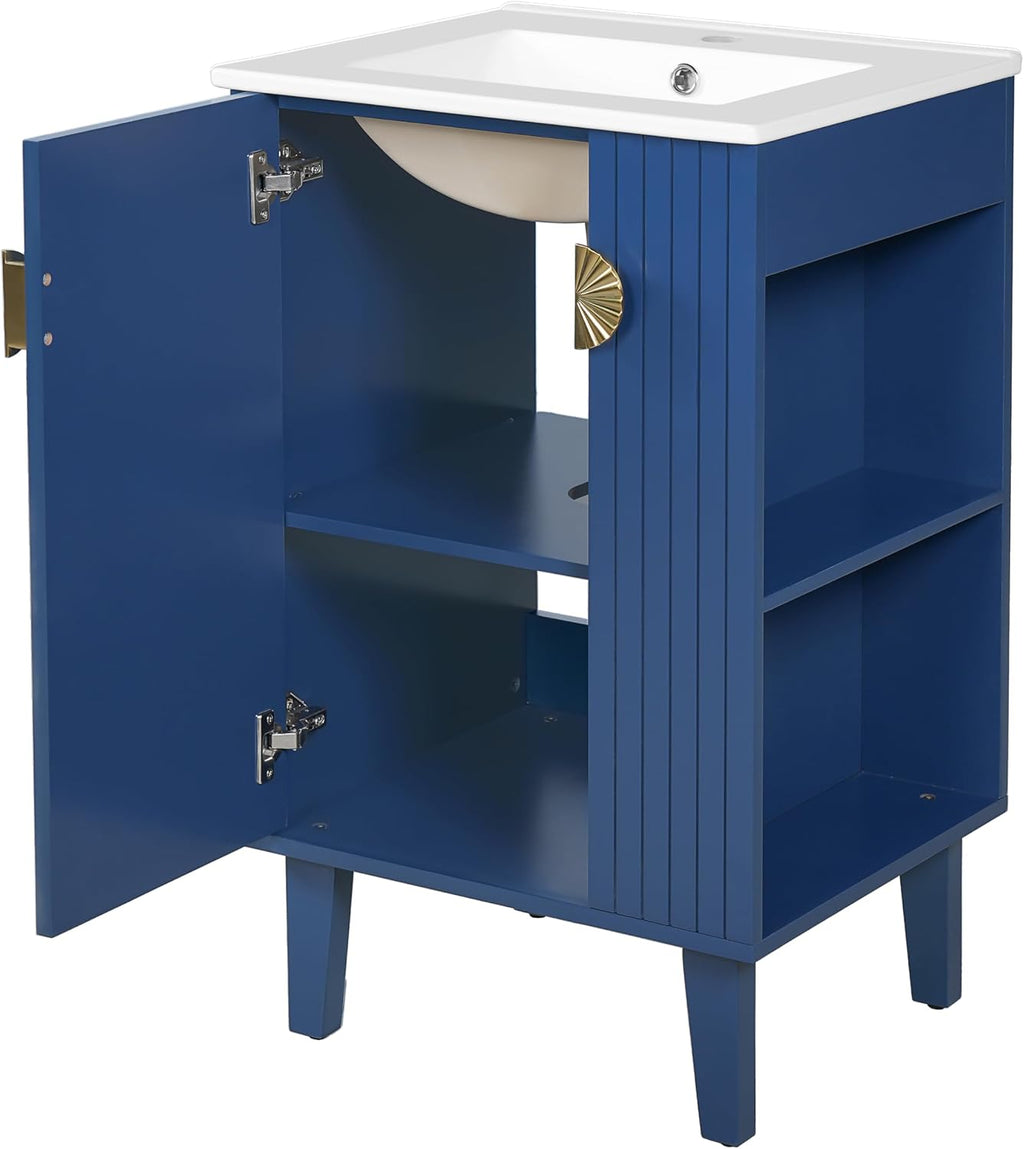 VilroCaz Modern 20'' Bathroom Vanity with Top Ceramic Sink, Freestanding Single Vanity Set Bathroom Storage Cabinet with Soft Closing Door, Chic Half-Moon Pulls (Blue-10.16)
