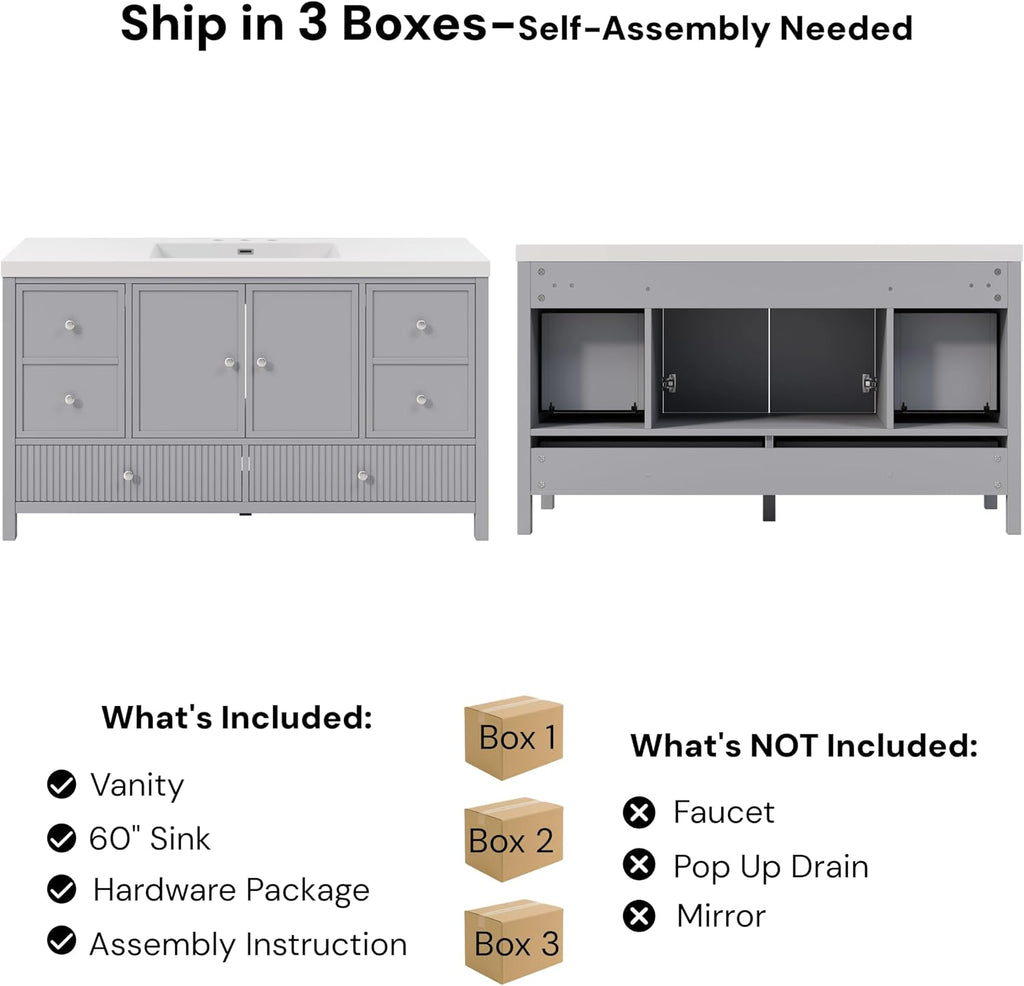 Merax 60 Inch Bathroom Vanity with Sink, Modern Freestanding Storage Cabinet with Soft Close Doors and 4 Drawers, Large Bathroom Furniture, Engineered Marble Top, Grey