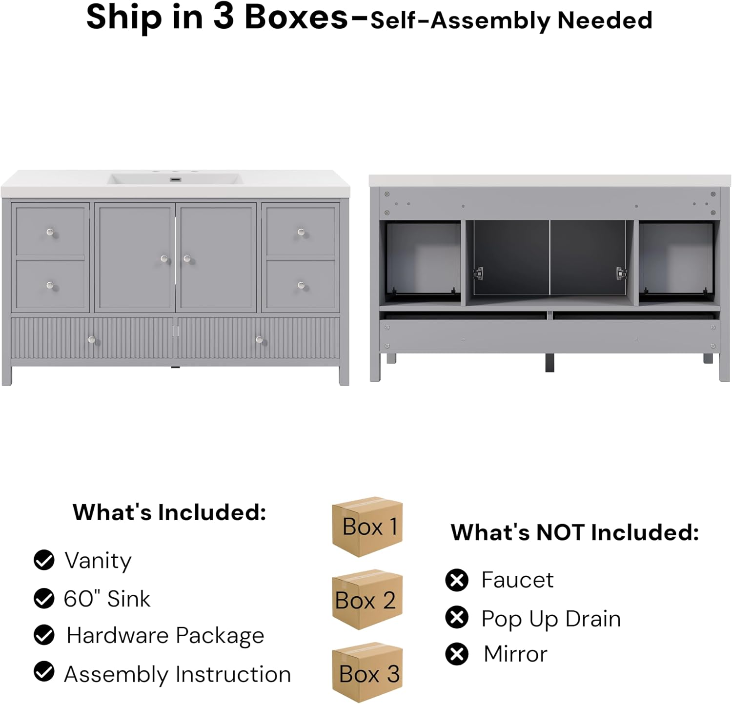 Merax 60 Inch Bathroom Vanity with Sink, Modern Freestanding Storage Cabinet with Soft Close Doors and 4 Drawers, Large Bathroom Furniture, Engineered Marble Top, Grey
